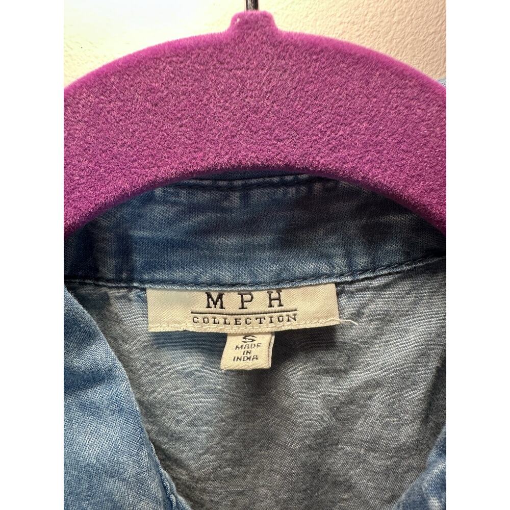 MPH Collection Blue Denim Shirt Dress S Collared Button Front Pockets Knee - Picture 2 of 9